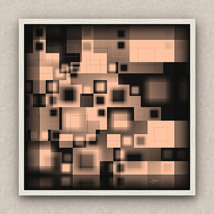 On a beige wall, abstract artwork of blurred squares in orange and black shades. Signed by Lejandrier and white framed.