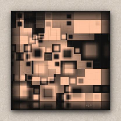 On a beige wall, abstract artwork of blurred squares in orange and black shades. Signed by Lejandrier.