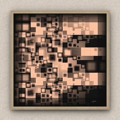 On a beige wall, abstract artwork of blurred squares in orange and black shades. Signed by Lejandrier and oak framed.