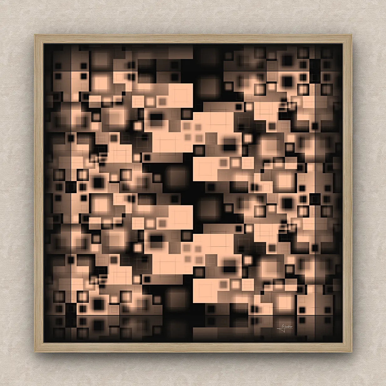On a beige wall, abstract artwork of blurred squares in orange and black shades. Signed by Lejandrier and oak framed.