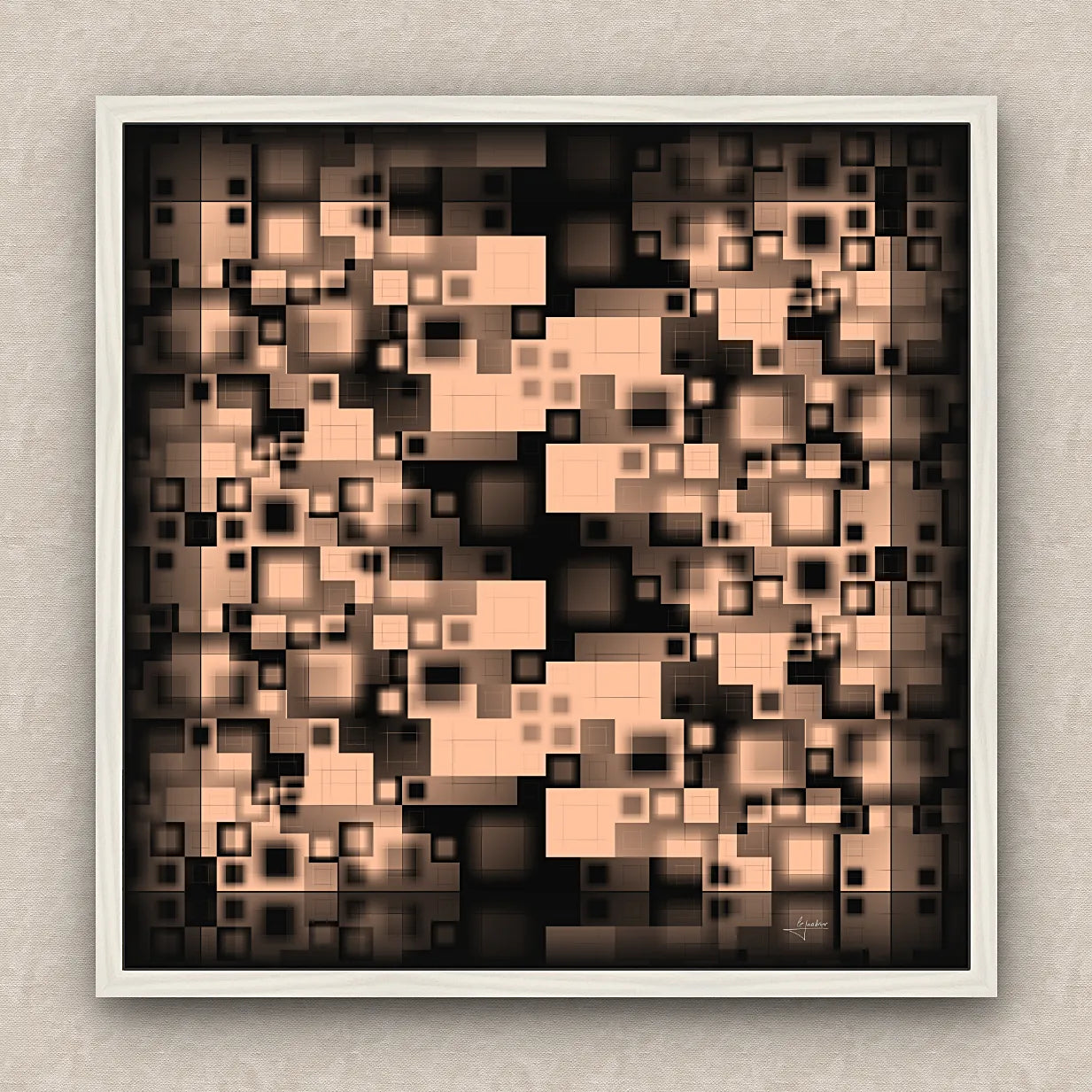 On a beige wall, abstract artwork of blurred squares in orange and black shades. Signed by Lejandrier and white framed.