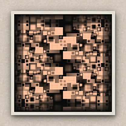 On a beige wall, abstract artwork of blurred squares in orange and black shades. Signed by Lejandrier and white framed.
