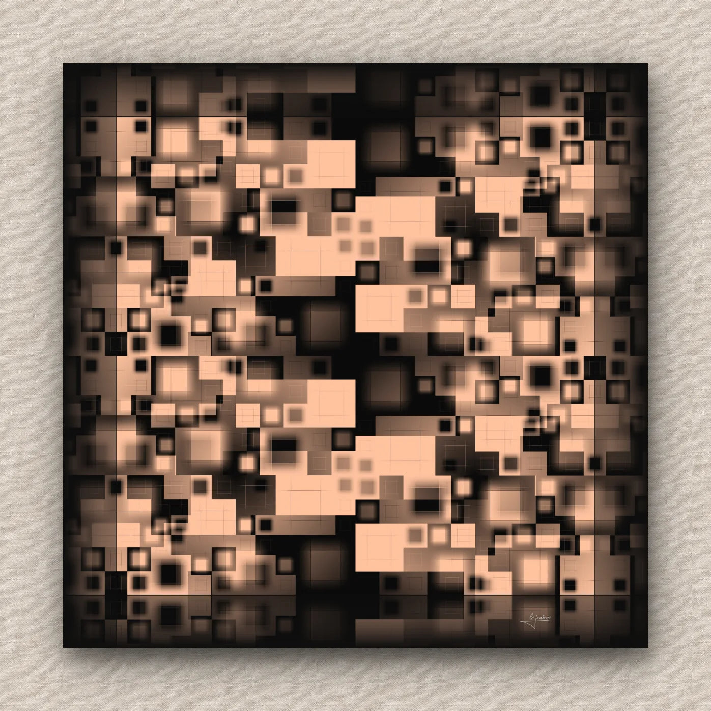 On a beige wall, abstract artwork of blurred squares in orange and black shades. Signed by Lejandrier.