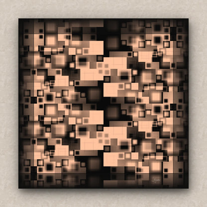 On a beige wall, abstract artwork of blurred squares in orange and black shades. Signed by Lejandrier.