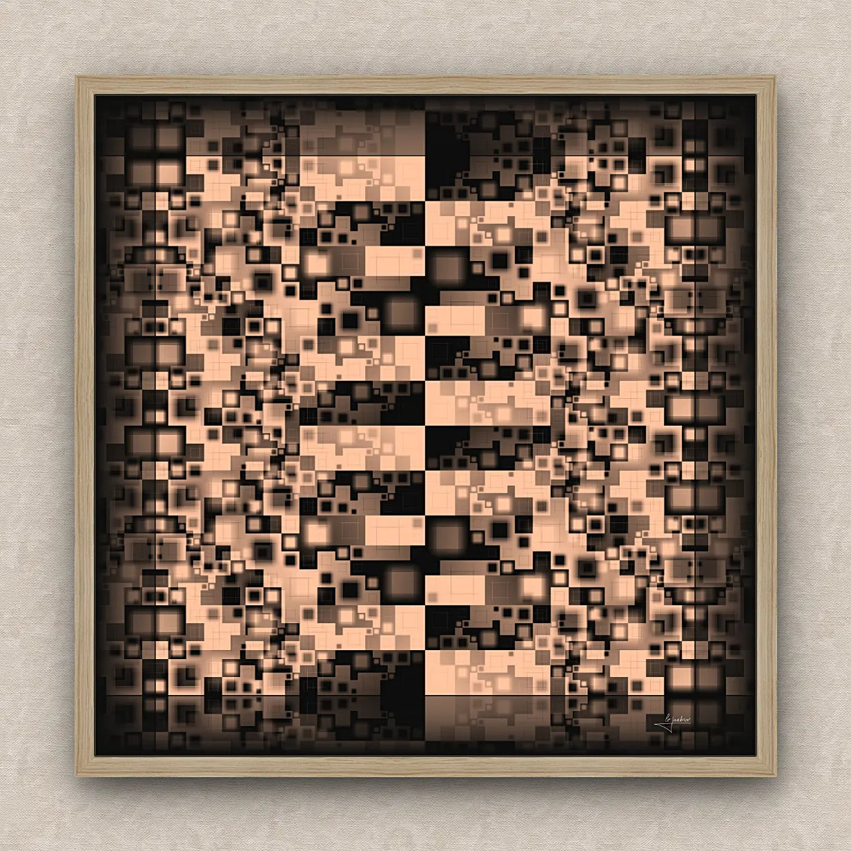 On a beige wall, abstract artwork of blurred squares in orange and black shades. Signed by Lejandrier and oak framed.