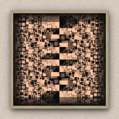 On a beige wall, abstract artwork of blurred squares in orange and black shades. Signed by Lejandrier and oak framed.