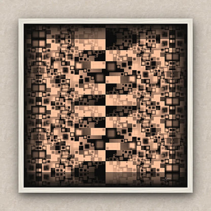 On a beige wall, abstract artwork of blurred squares in orange and black shades. Signed by Lejandrier and white framed.