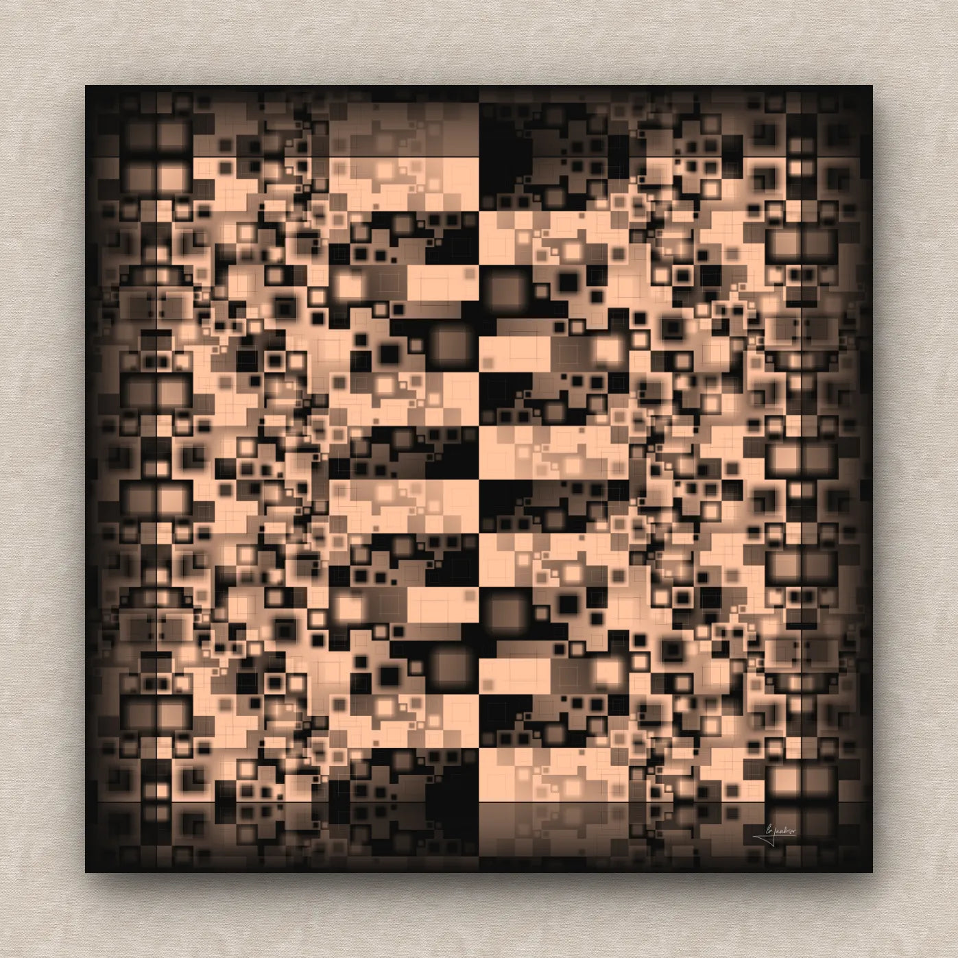 On a beige wall, abstract artwork of blurred squares in orange and black shades. Signed by Lejandrier.