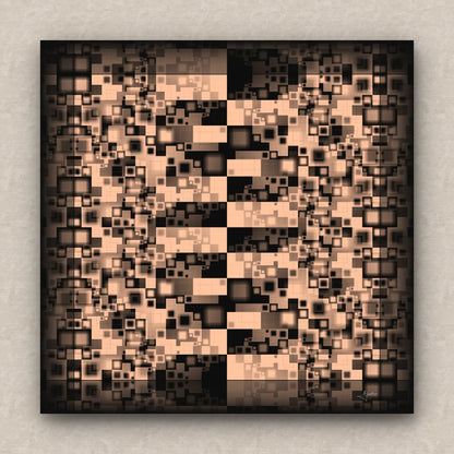 On a beige wall, abstract artwork of blurred squares in orange and black shades. Signed by Lejandrier.