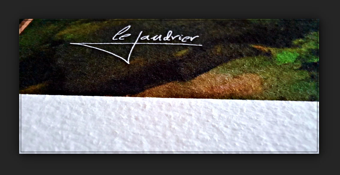 Close-up view of a fine art print on textured paper, the picture is signed by Lejandrier