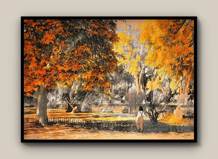 Impressionist painting of a park scene with autumn trees and a person walking.