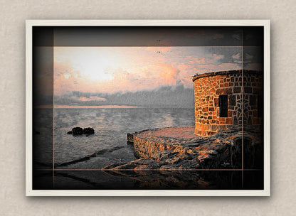 Old sea pier and tower landscape artwork in predominant orange tones, with dark borders and white frame; on a beige wall