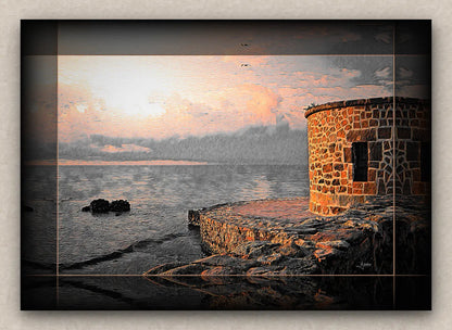 Old sea pier and tower landscape artwork in orange tones with dark borders and signed by LeJandrier, on a beige wall