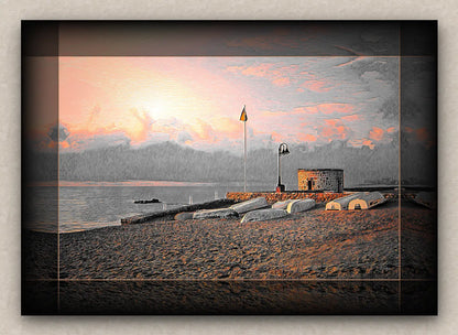Landscape artwork of an old sea pier, tower and boats; with dark borders, signed by Lejandrier and on a beige wall