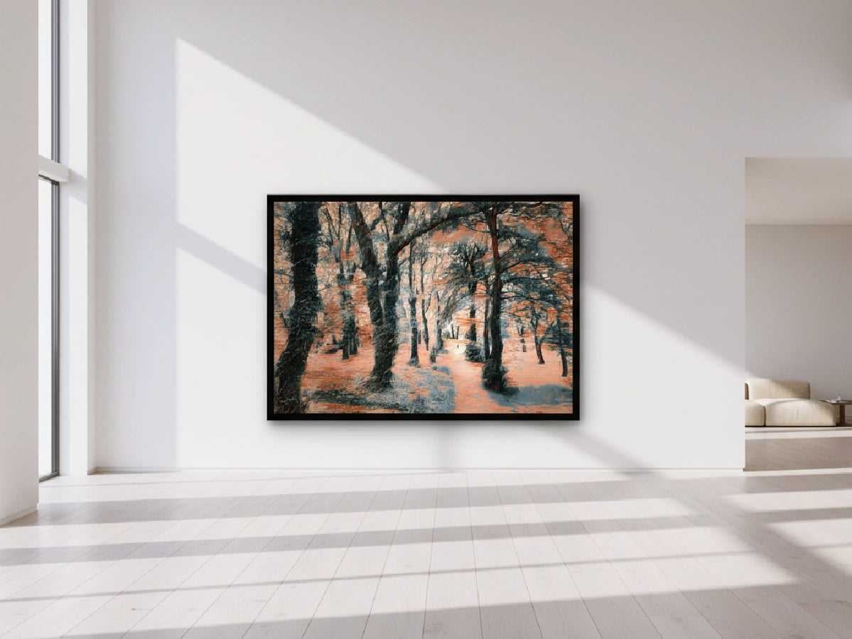 Framed artwork of a forest scene on a white wall in a modern room.