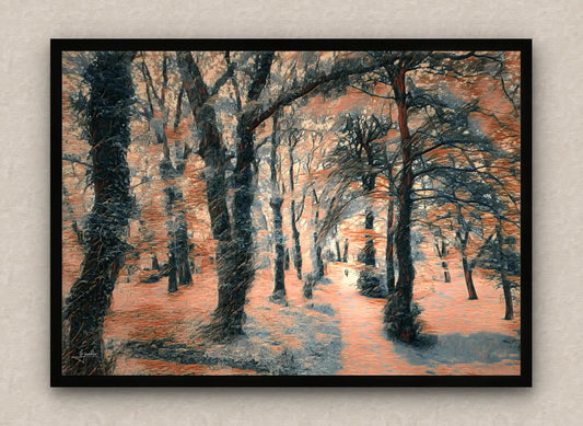 Landscape oriented, black framed artwork of a forest scene in orange tones with eerie trees and a path