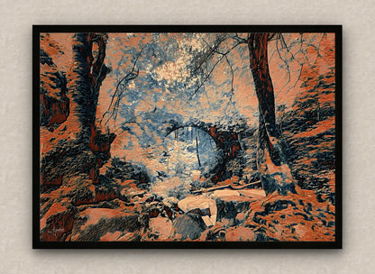 Black framed artwork in dark orange tones of an eerie forest scenery with an arch bridge over a stream.