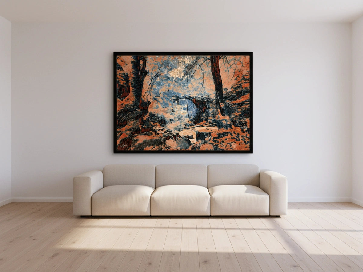 Landscape painting on a wall above a beige sofa in a minimalistic room.