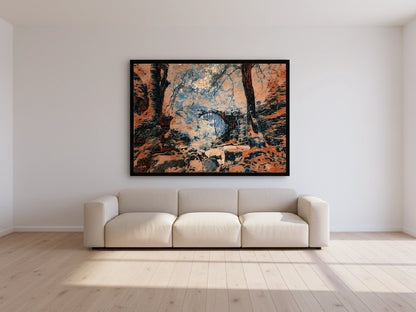 Landscape painting on a wall above a beige sofa in a minimalistic room.