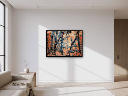 Forest painting on a wall in a modern living room