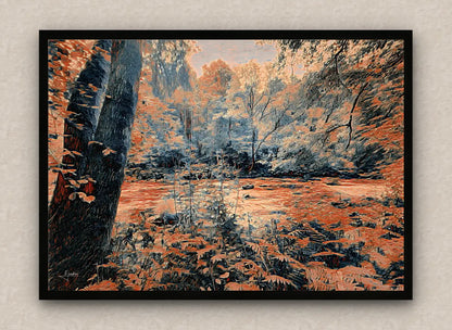 Black framed wall art piece of a gloomy forest landscape with a river, in obscure orange tones.