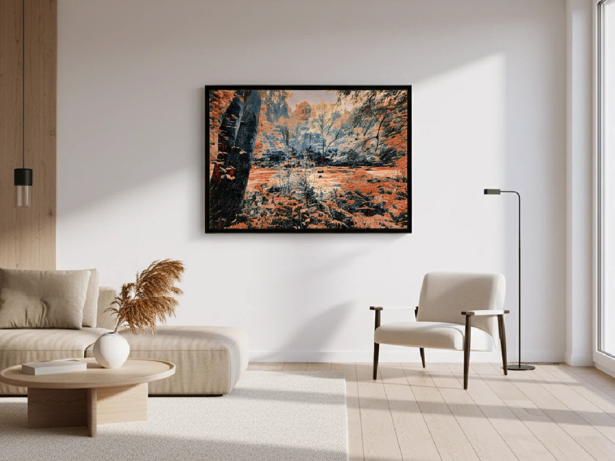 Modern living room with a landscape painting on the wall, sofa, and chair.