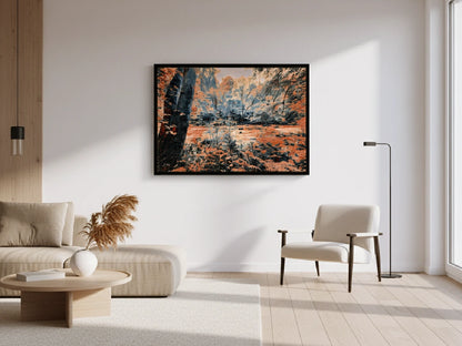 Modern living room with a landscape painting on the wall, sofa, and chair.