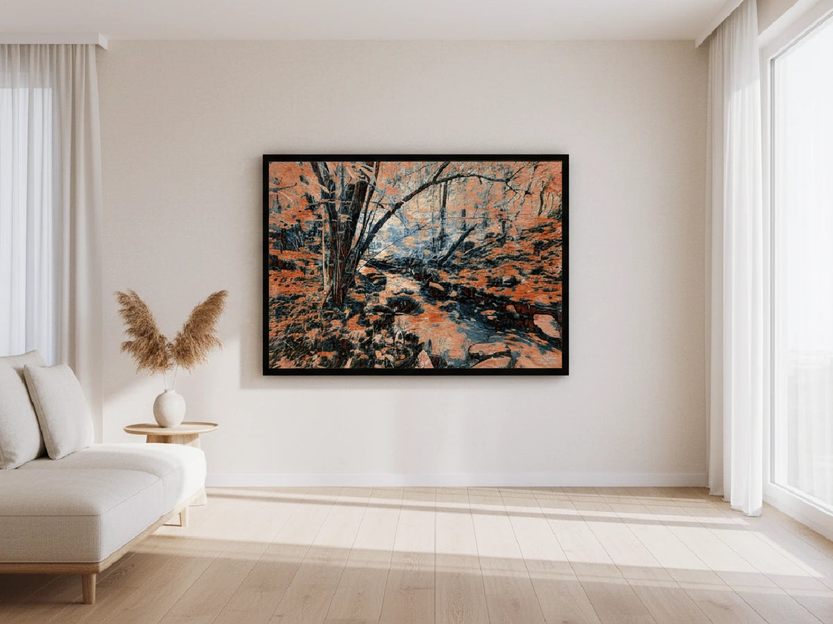 Elegant and modern living room with a large forest painting on the wall.