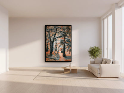 Modern living room with a large expressionist painting on the wall, a beige sofa, and a coffee table.