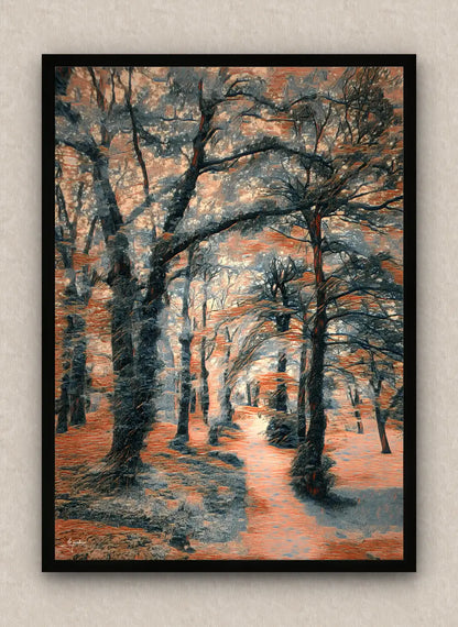 Portrait oriented, black framed artwork of a forest scene in orange tones with eerie trees and a path