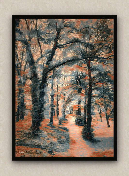 Portrait oriented, black framed artwork of a forest scene in orange tones with eerie trees and a path