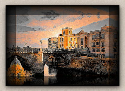 Artwork with dark border of a cityscape with an old bridge and buildings over a river during sunrise.