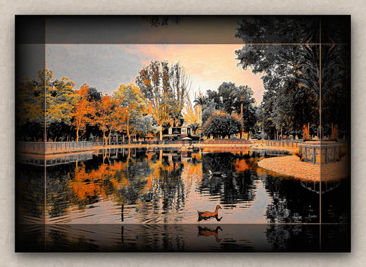 Landscape artwork with a black border depicting a scenic reflection of trees and a duck in a pond.