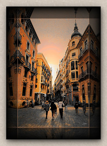 Cityscape artwork of a narrow pedestrian street crowded during sunset; in warm tones and with dark border.