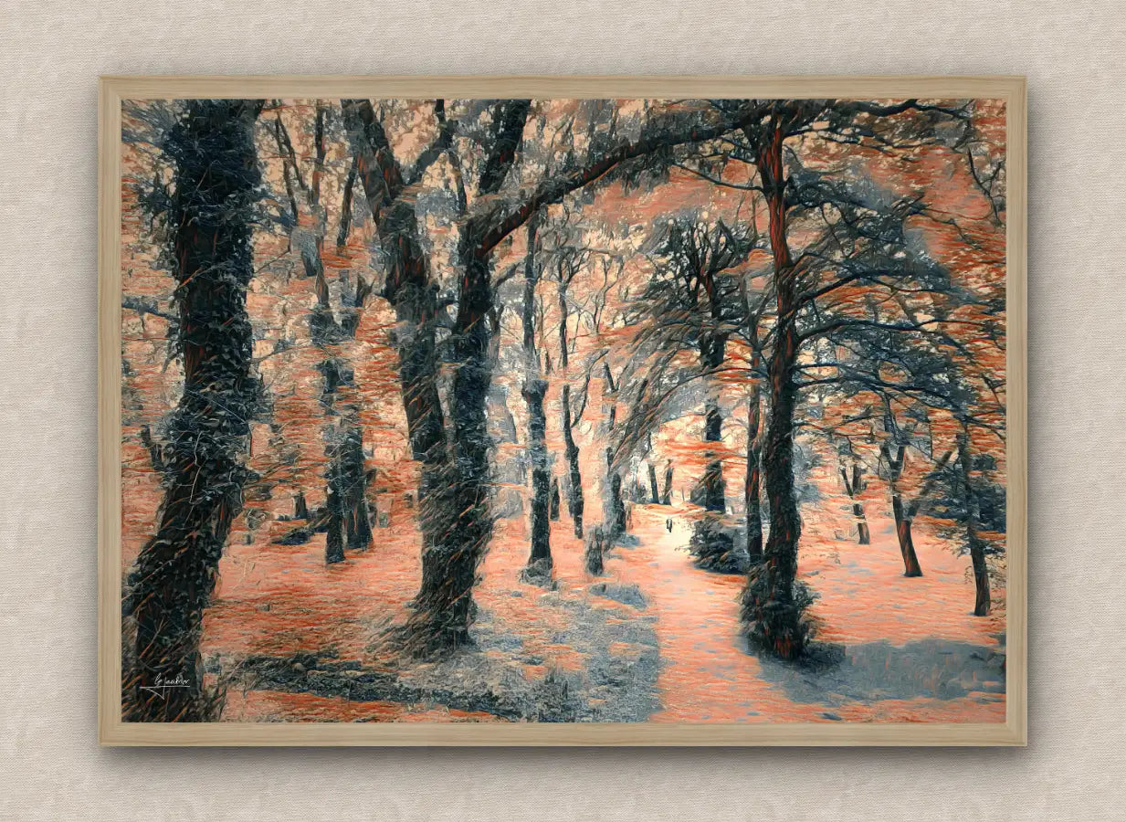 Landscape oriented, oak framed art piece of a forest scene in orange tones with eerie trees and a path