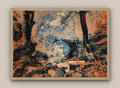 Oak framed artwork in dark orange tones of an eerie forest scenery with an arch bridge over a stream.