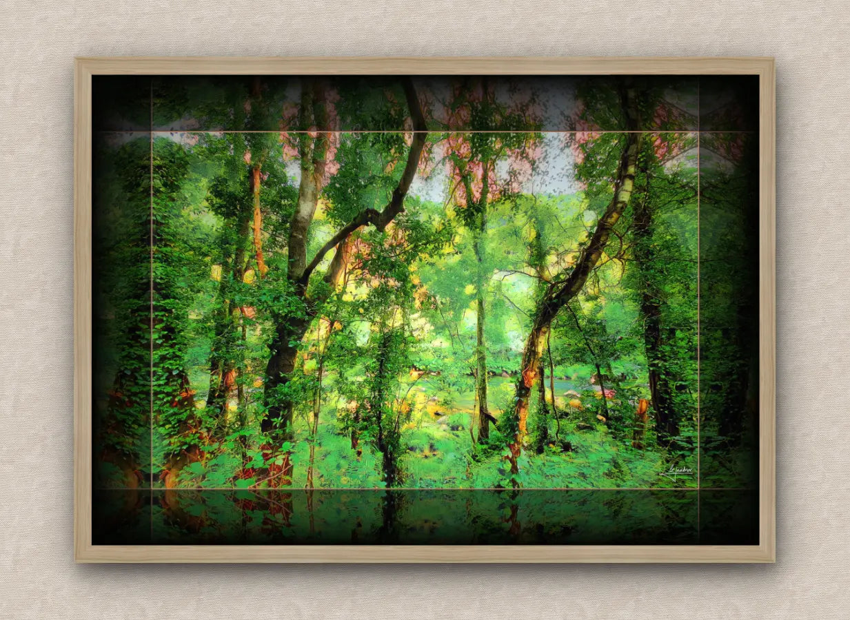 Oak framed artwork of a forest scenery with vibrant lush greenery.