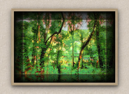 Oak framed artwork of a forest scenery with vibrant lush greenery.