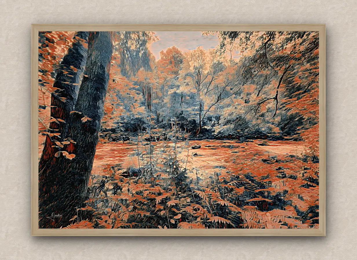 Oak framed wall art piece of a gloomy forest landscape with a river, in obscure orange tones.