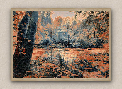 Oak framed wall art piece of a gloomy forest landscape with a river, in obscure orange tones.