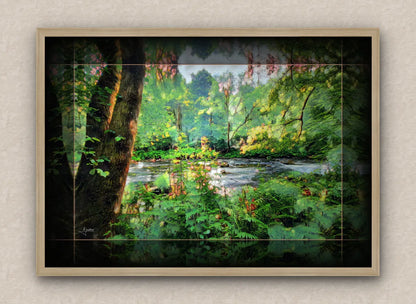 Oak framed wall art painting of a lush forest scene with a river.