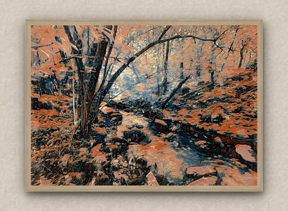 Oak framed painting of an intriguing forest scene with exuberant vegetation and a stream, in dark orange hues.