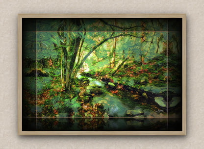 Oak framed wall art painting of a lush forest scenery with a stream.