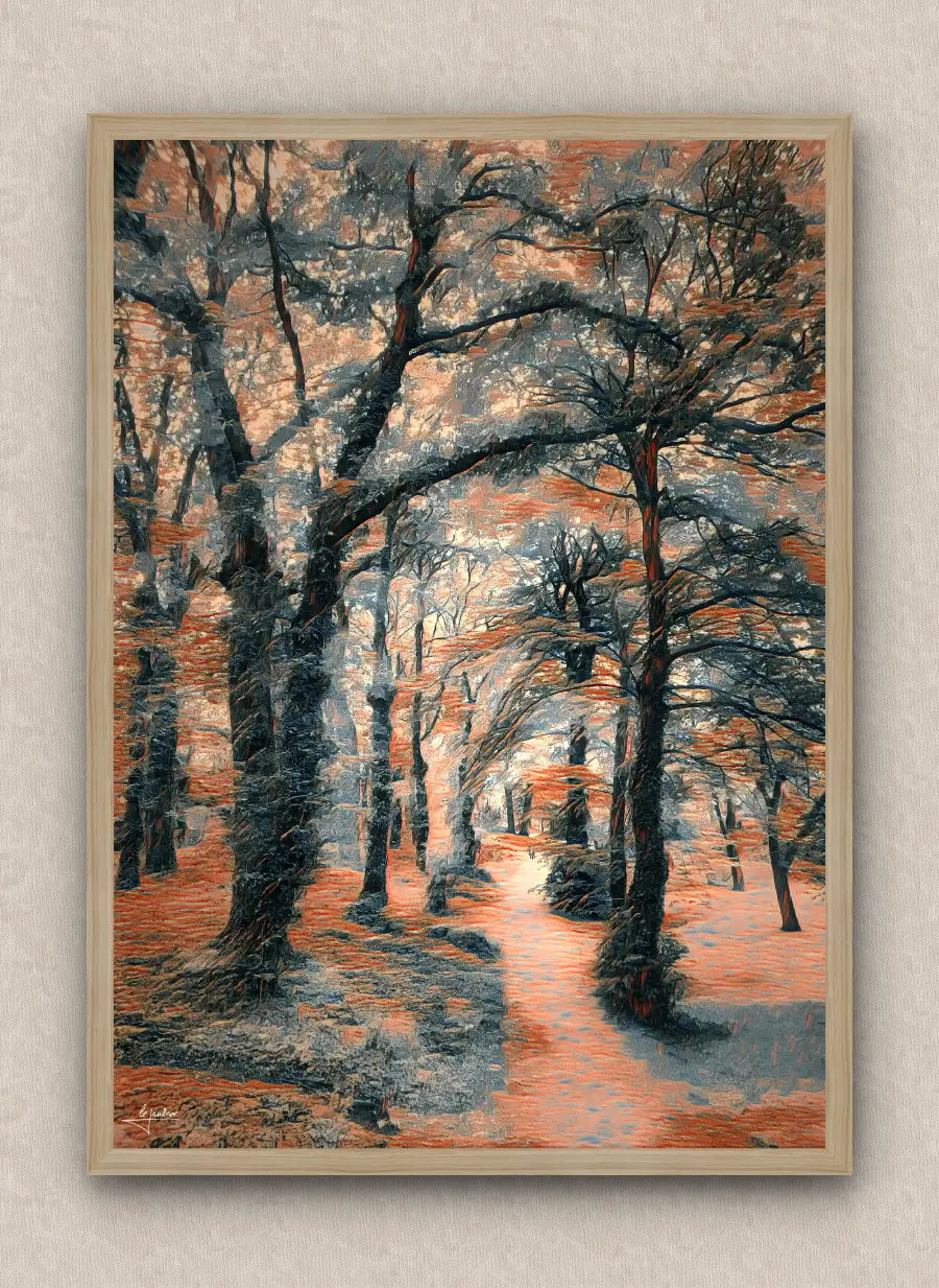 Portrait oriented, oak framed art piece of a forest scene in orange tones with eerie trees and a path