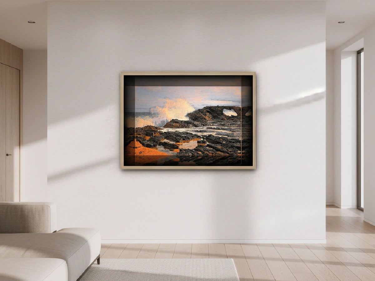 Framed artwork of a seascape in a modern living room.