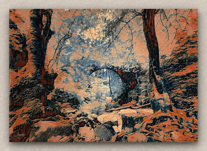 Artwork in dark orange tones of an eerie forest scenery with an arch bridge over a stream.