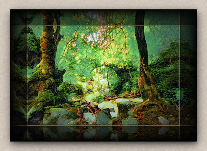 Unframed artwork of a fantasy forest scene with an arch bridge over a stream