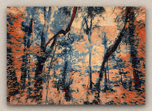 Artwork of an eerie forest scene with exuberant trees and foliage in dark orange.