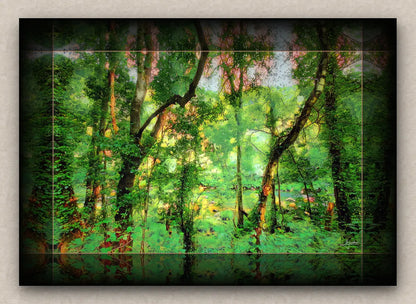 Unframed artwork of a forest scene with vibrant green trees and foliage.