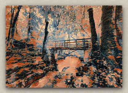 Artistic depiction in obscure orange of a mysterious lush forest with a bridge over a stream.